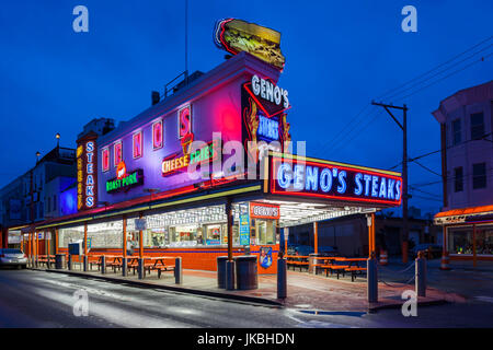 USA, Pennsylvania, Philadelphia, South Philadelphia, Italian-American Area, Geno's Steaks, legendary cheese steak shop, dawn Stock Photo