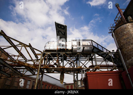 USA, Massachusetts, North Adams, Mass MOCA, Massachusetts Museum of Contemporary Art, Flying Airstream, The Shining, from the work, All Utopias Fell by Artist Michael Oatman, exterior Stock Photo