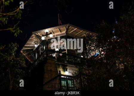 Quebec City, Canada - May 31, 2017: Old town closeup view of dufferin terrace at night with illuminated Funiculaire building gazebo Stock Photo