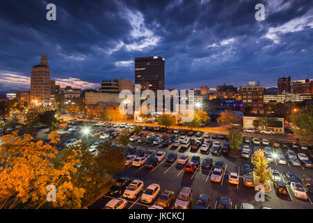 USA, North Carolina, Asheville, elevated view of downtown, dusk
