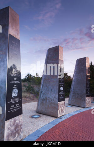 USA, North Carolina, Kitty Hawk, Monument to a Century of Flight, marker for Chuck Yeager, first man to fly at supersonic speed in 1947, dawn Stock Photo