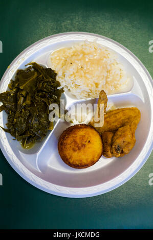 USA, Georgia, Athens, Weaver D's soul food restaurant, interior, fried chicken, rice, collared greens and cornbread, soul food meal Stock Photo