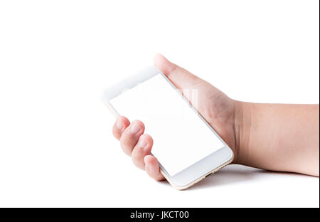 Mobile phone in boy hand with white blank touchscreen isolated on white background Stock Photo