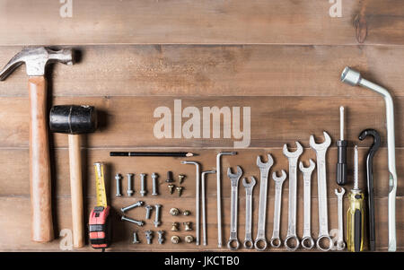 Set tools supplies on wood background top view and copy space. construction industry flat lay concept Stock Photo