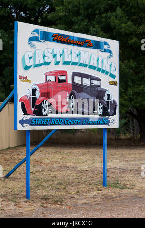 Australia, Victoria, VIC, Castlemaine, Streetrod Centre of Australia, town welcome sign proclaiming its being the Streetrod Centre of Australia Stock Photo