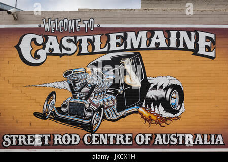 Australia, Victoria, VIC, Castlemaine, Streetrod Centre of Australia, town welcome sign proclaiming its being the Streetrod Centre of Australia Stock Photo