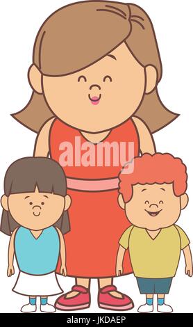 cute cartoon illustration of mother with two kids Stock Vector
