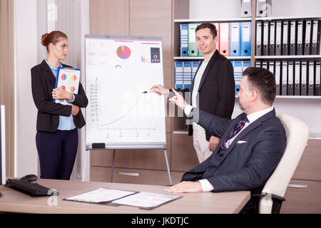 Boss pointing at the mistake on the flip chart Stock Photo