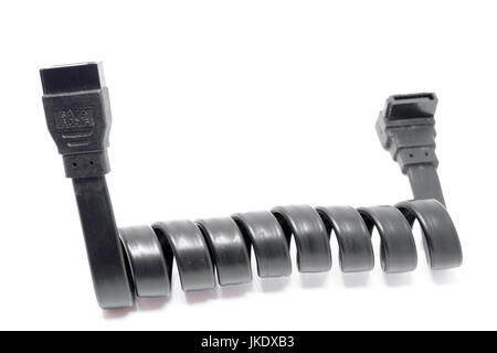 Serial ATA data cable and plug on white background. Stock Photo