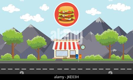 hamburger store business on beside street with mountain view as background vector Stock Vector