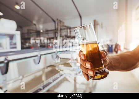 Close up of brewer testing beer at brewery factory. Man hand holding a sample glass of beer. Stock Photo