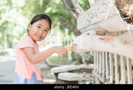 cute farmer girl feeding baby goat with bottle of milk. livestock concept Stock Photo
