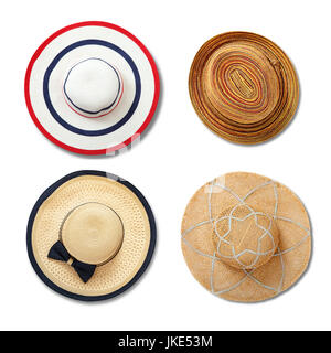 Pretty straw hat with ribbon and bow on white background. Beach hat top view isolated. Set. Stock Photo