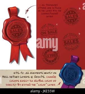 Vector Illustration of a wax seal with a set of stamps regarding Sales and Tax Free subjects. All design elements neatly on well-defined layers and gr Stock Vector