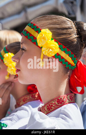 Bulgaria, Central Mountains, Kazanlak, Kazanlak Rose Festival, town produces 60% of the world's rose oil, young girl dancer in traditional costume, NR Stock Photo