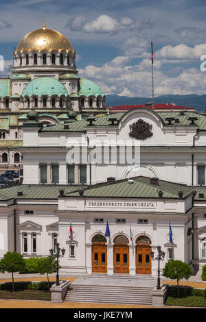 Bulgaria, Sofia, Ploshtad Narodno Sabranie Square, National Assembly building, and Alexander Nevski Cathedral, elevated view Stock Photo