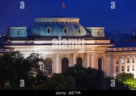 Bulgaria, Sofia, Ploshtad Narodno Sabranie Square, Sofia University building, dusk, elevated view Stock Photo