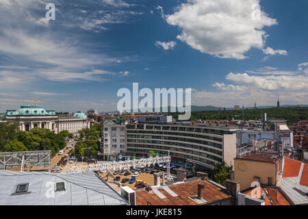 Bulgaria, Sofia, Ploshtad Narodno Sabranie Square, elevated view of National Library and the Radisson Hotel Stock Photo