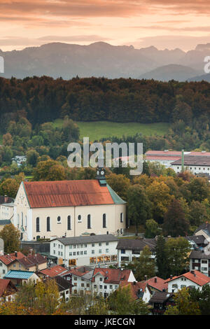 Germany, Bavaria, Bad Toelz, elevated town view from the Kalvarienberg, dusk Stock Photo