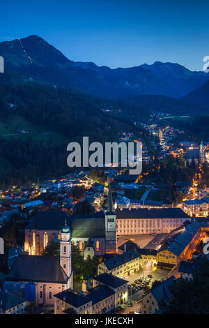 Germany, Bavaria, Berchtesgaden, elevated town view, dusk Stock Photo