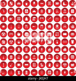 100 cleaning icons set red Stock Vector