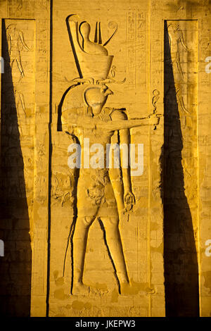 Aegypten, Edfu (Idfu), Horustempel, Relief des Hauptgottes des Tempels Hor-Behdeti (Horus von Edfu) am östlichen Pylonenturm Stock Photo