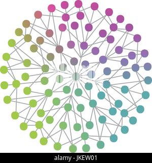 Illustration of a network of colored dots linked by traits, social network, link between different people or place, or tree organization Stock Vector