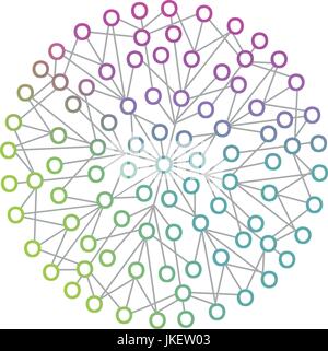 Illustration of a network of colored dots linked by traits, social network, link between different people or place, or tree organization Stock Vector