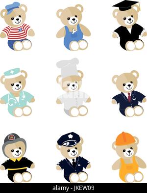 Teddy bears dressed in various professional uniforms, policeman, cook, businessman, sailor, mechanic, study, firefighter and architect Stock Vector