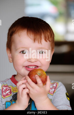 A young, male, child enjoying a fresh, healthy, apple. taken in the home using natural light Stock Photo