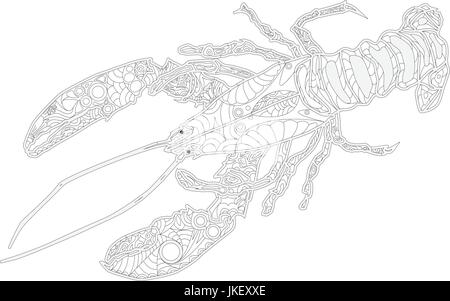 Lobster line art design for coloring book.  Ornate zentangle crawfish drawing. Stock Vector