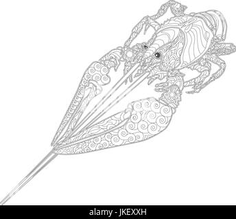 Lobster line art design for coloring book.  Ornate zentangle crawfish drawing. Stock Vector