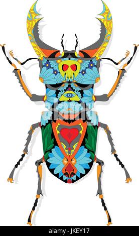Beetle. Hand drawn sketch for adult coloring book page, T-shirt emblem, tattoo with doodle, zentangle design elements. Stock Vector
