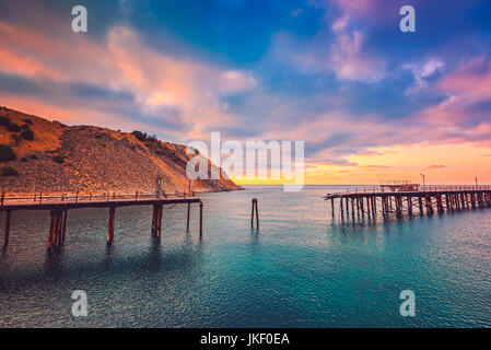 Collapsed jetty at Rapid bay foreshore, Fleurieu Peninsula, South Australia Stock Photo