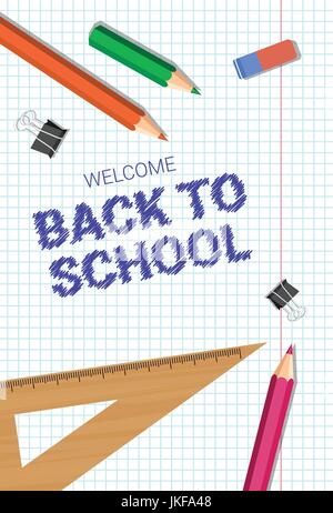 Welcome Back To School Poster Colorful Pencils Rubber And Rulers On Squared Notebook Background Stock Vector