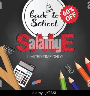 Back To School Seasonal Sale Poster Shopping Discounts Over Black Chalk Board Background Stock Vector