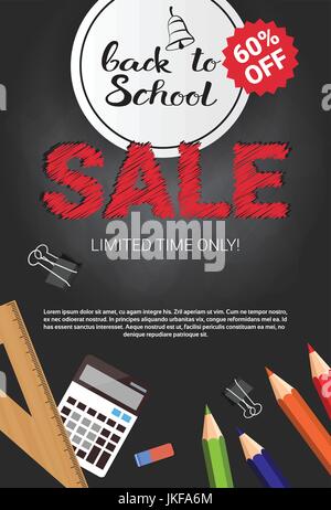 Back To School Seasonal Sale Poster Shopping Discounts Over Black Chalk Board Background Stock Vector