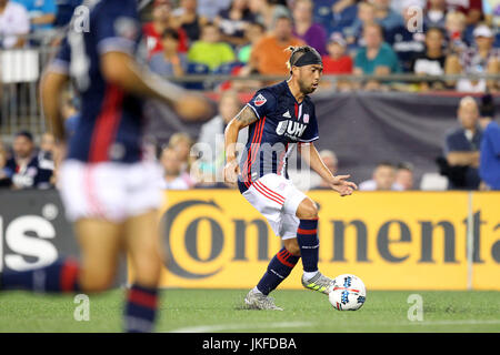 Gillette Stadium. 22nd July, 2017. MA, USA; New England Revolution midfielder Lee Nguyen (24) in action during the second half of an MLS match between Los Angeles Galaxy and New England Revolution at Gillette Stadium. New England won 4-3. Anthony Nesmith/Cal Sport Media/Alamy Live News Stock Photo