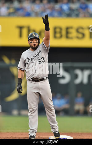 Kansas City, Missouri, USA. 22nd July, 2017. Chicago White Sox left fielder Melky Cabrera (53) reacts to hitting a double in the 5th inning during the Major League Baseball game between the Chicago White Sox and the Kansas City Royals at Kauffman Stadium in Kansas City, Missouri. Kendall Shaw/CSM/Alamy Live News Stock Photo