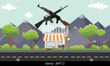 gun store on sidewalk with tree and mountain as background vector Stock Vector