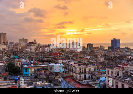 Sunset over Old Havana, La Habana Vieja from above, historic old town rooftop view, Havana, Cuba Stock Photo