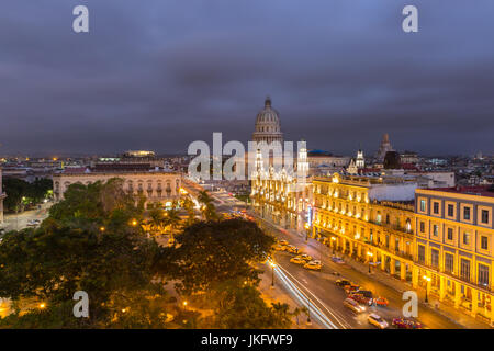 Night view of El Capitolio, Gran Teatro de la Habana, Parque Central and La Habana Vieja, Old Havana  from above, Havana, Cuba Stock Photo