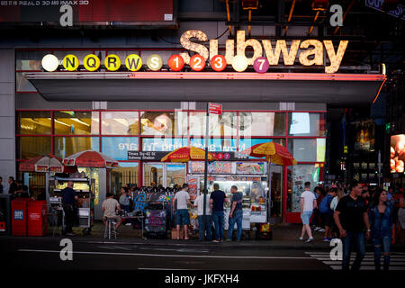 New York City, Manhattan, theatre district of Broadway and Times Square subway station entrance. Stock Photo