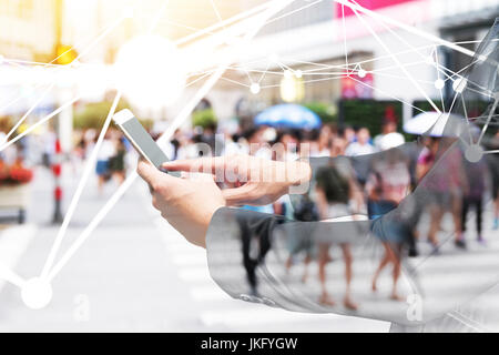 Digital transformation of internet of things technology disruption , big data ,online shopping concept. Neural networks connect atoms , business man u Stock Photo