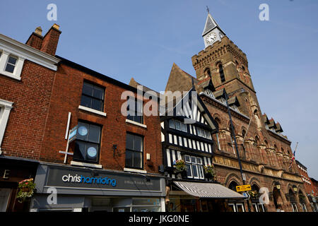 The historic clock tower  town hall on High Street completed 1866,  Congleton Town Centre, Cheshire East, England. Stock Photo