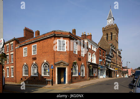 The historic clock tower  town hall on High Street completed 1866,  Congleton Town Centre, Cheshire East, England. Stock Photo