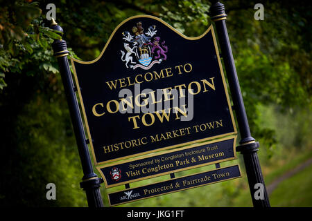 Welcome to Congleton sign on the boarder of , Cheshire East, England, Grade II listed building. Stock Photo