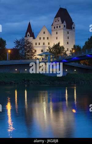 Germany, Bavaria, Ingolstadt, Neues Schloss Palace from the Danube River, evening Stock Photo