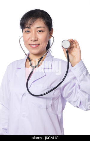 Asian female doctor holding stethoscope in isolated White Background Stock Photo