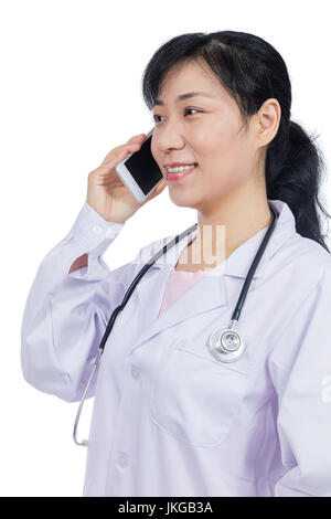 Asian female doctor talking on the phone in isolated White Background Stock Photo